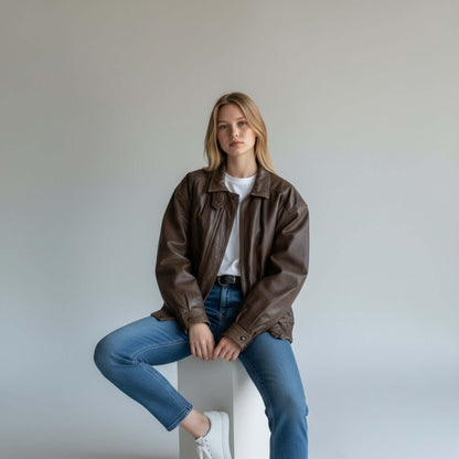 Genuine Brown Leather Vintage Bomber Jacket