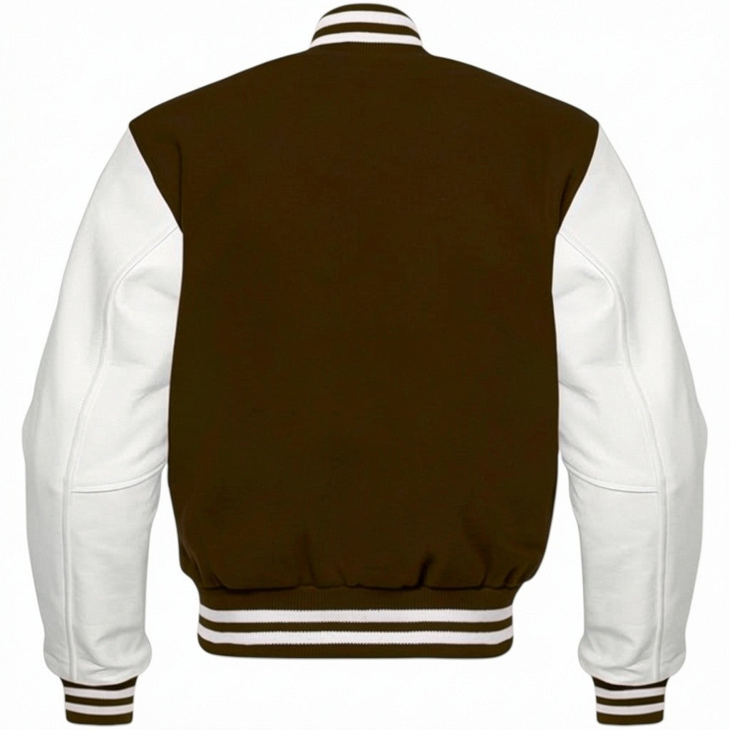 Brown and white varsity jacket on a white background