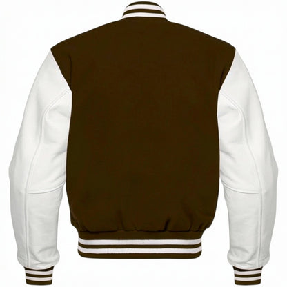 Brown and white varsity jacket on a white background