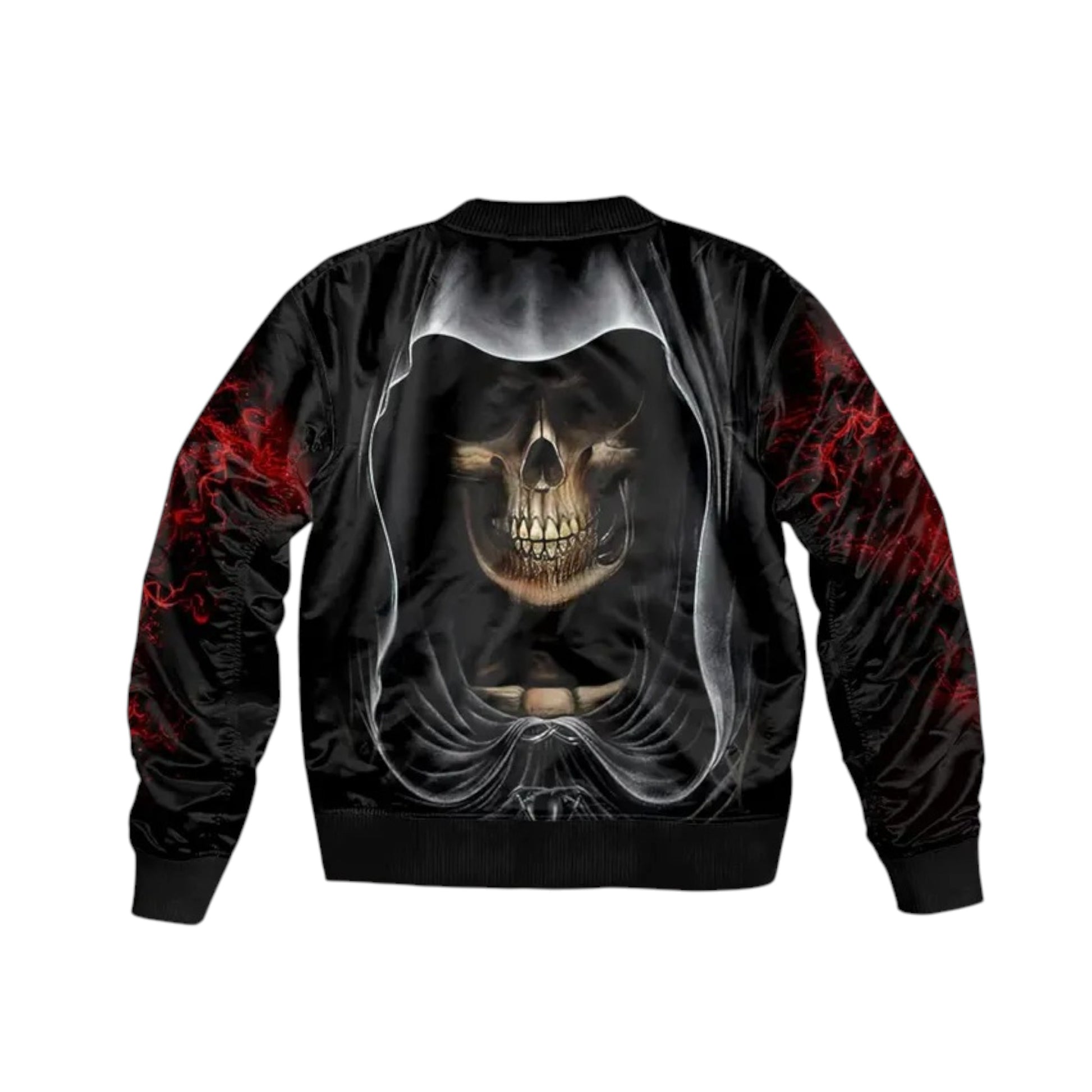 Black bomber jacket with a skull design on a white background