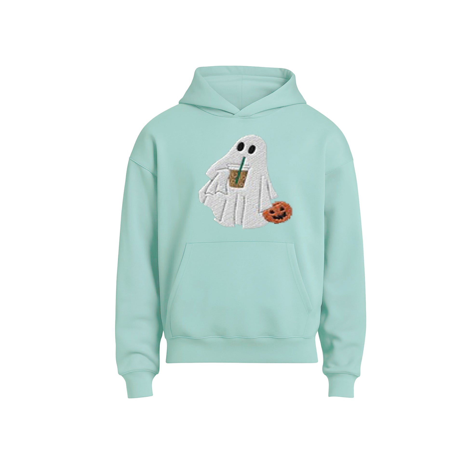 Mint green hoodie with ghost design on a white background