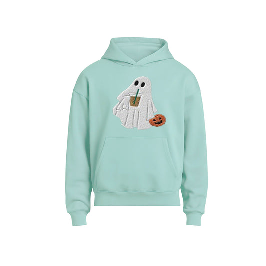 Mint green hoodie with ghost design on a white background