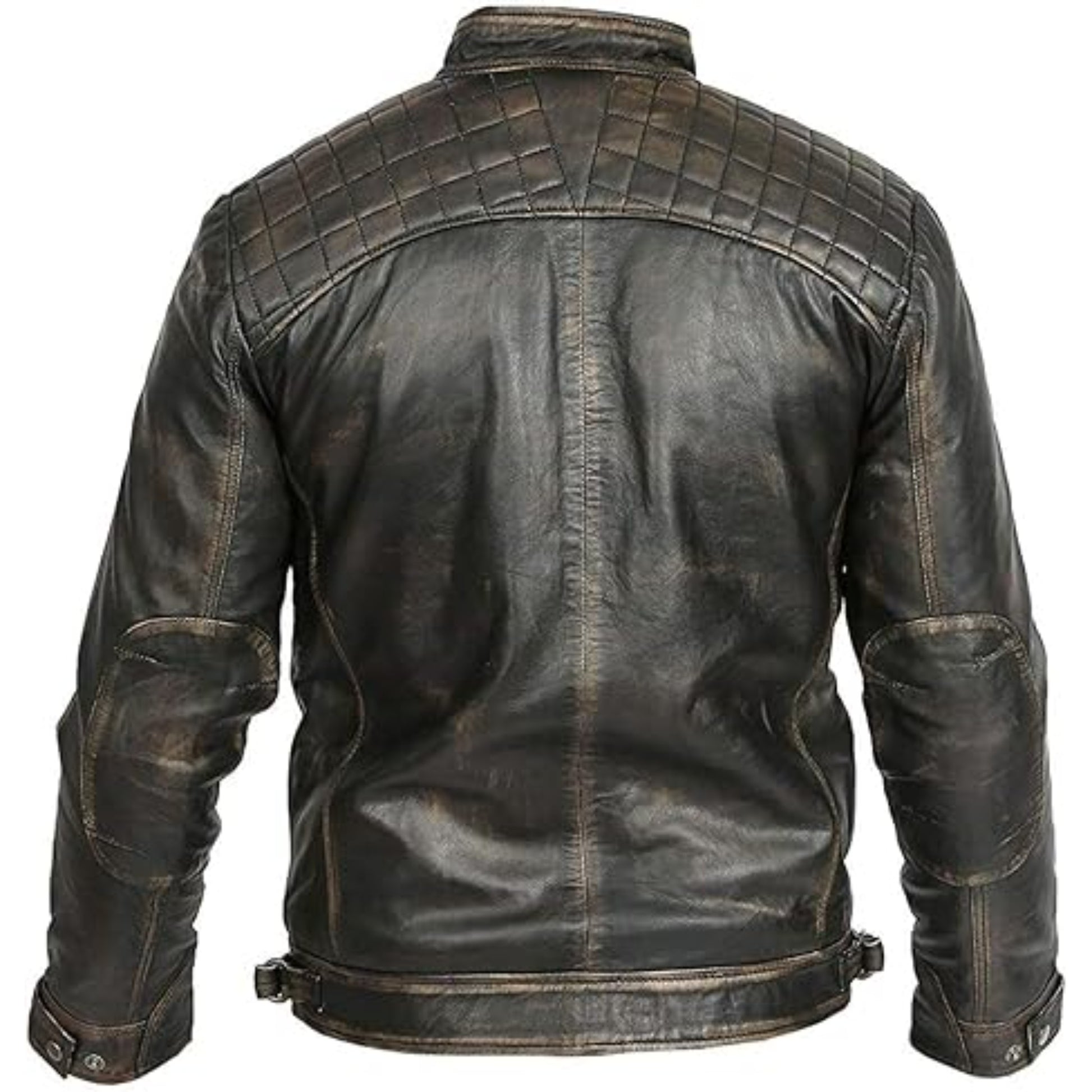 Dark brown leather jacket with quilted shoulder design on a white background