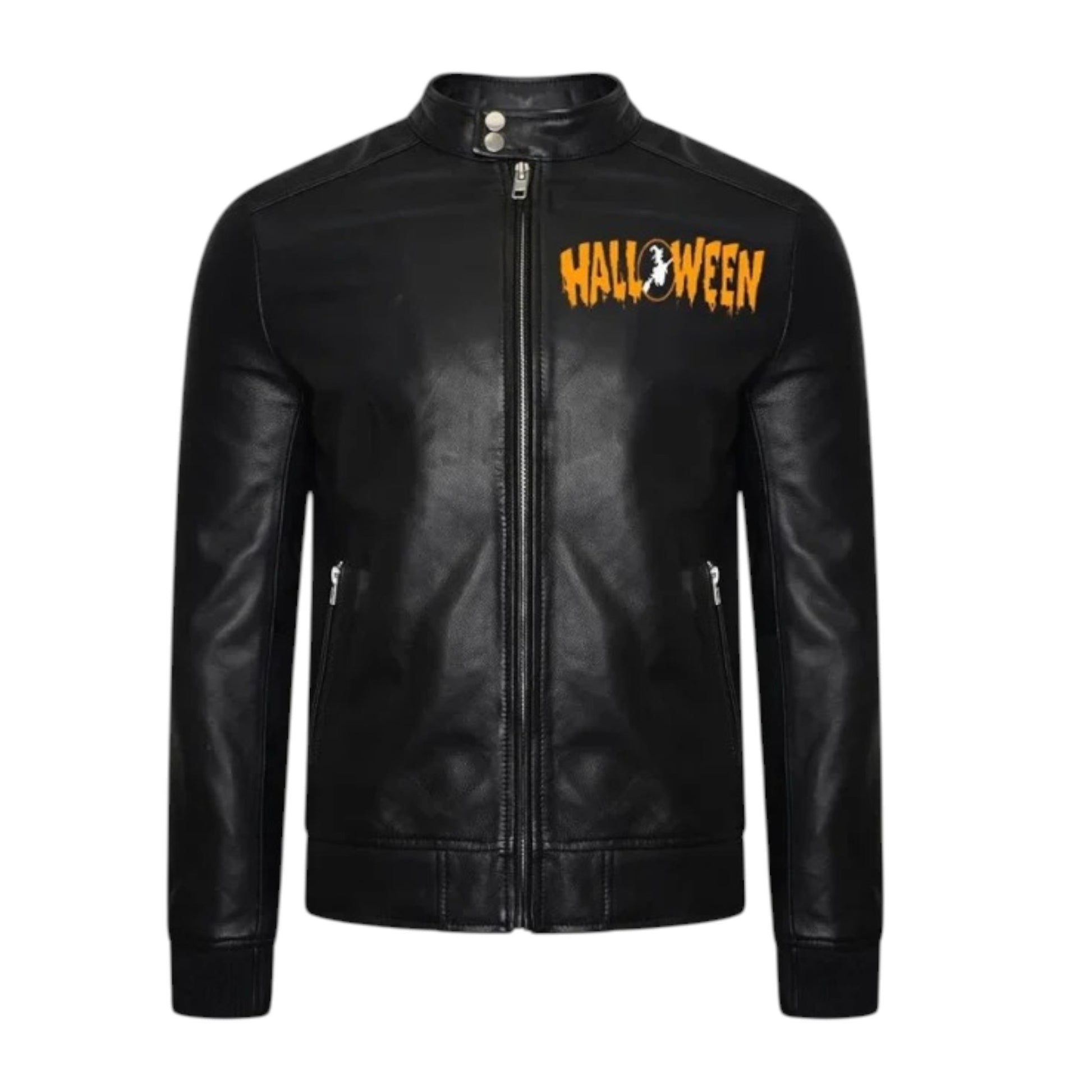 Black leather jacket with 'HALLOWEEN' text on a white background