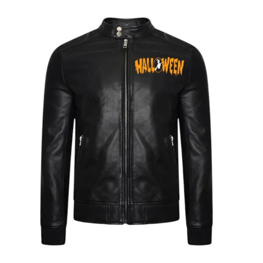 Black leather jacket with 'HALLOWEEN' text on a white background