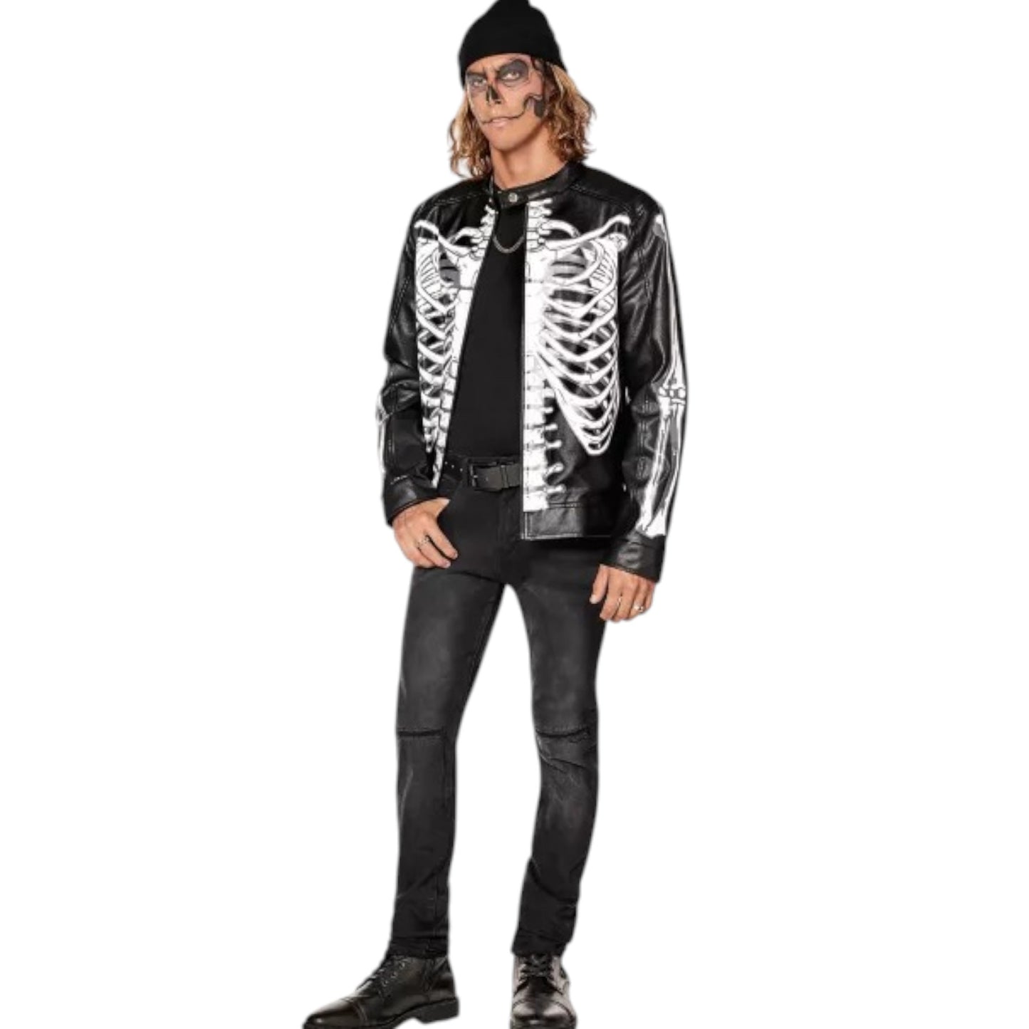 Person wearing a skeleton-themed jacket on a white background