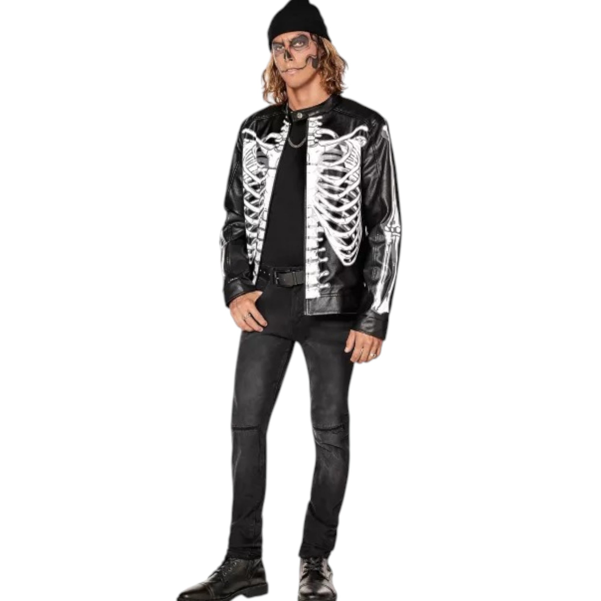 Person wearing a skeleton-themed jacket on a white background