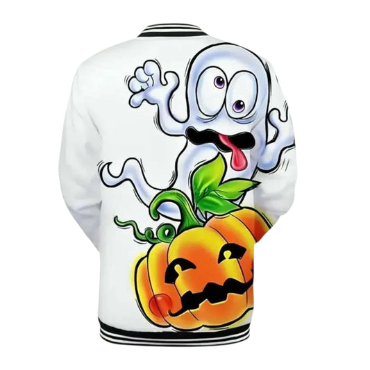 Ghost Pumpkin Varsity Jacket – White Halloween Streetwear Style