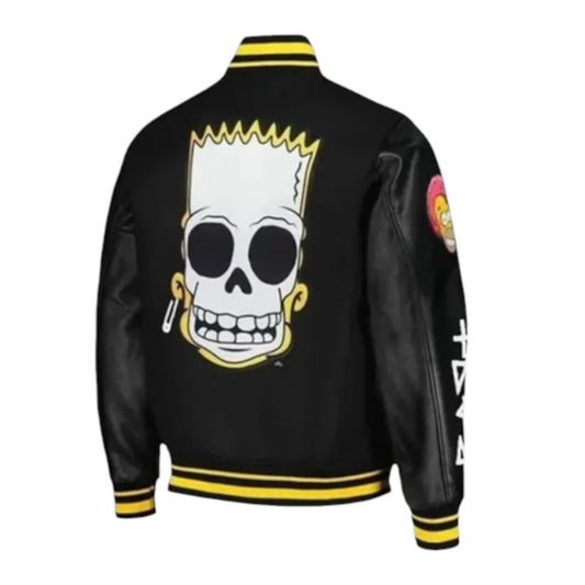 Black leather jacket with a skull design on the back, featuring yellow accents.