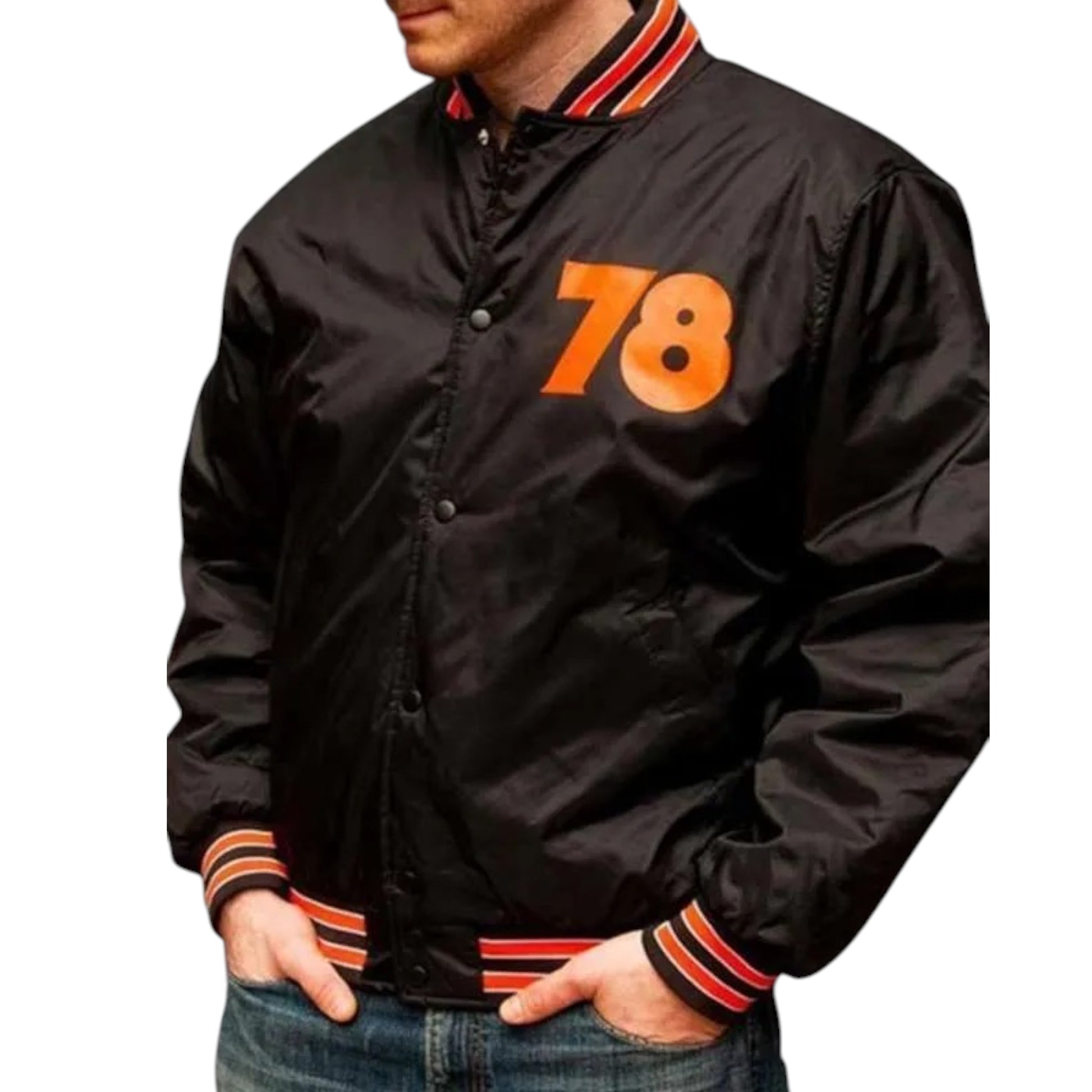 Black jacket with orange number 78 on a white background