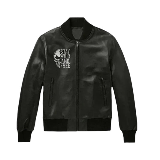 Black leather jacket with text design on a white background