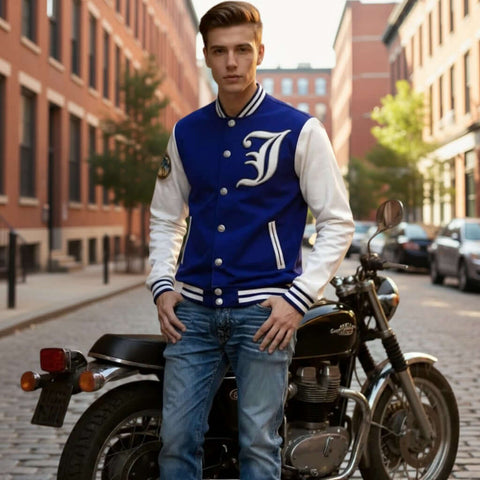 Classic Lettermen Bomber Varsity Jacket Blue Wool Leather