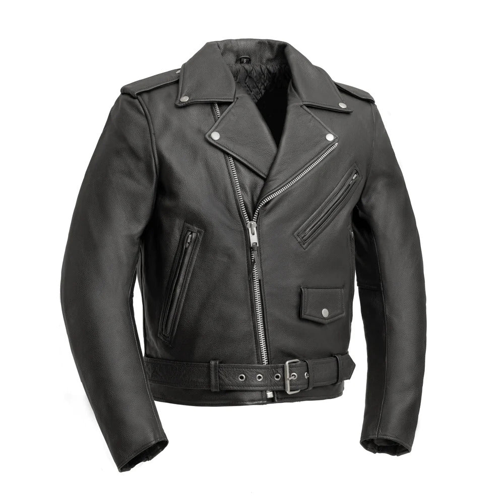 Black leather jacket with zippers on a white background