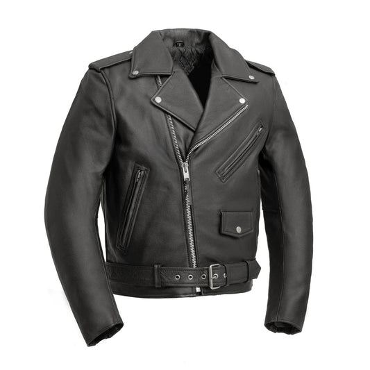 Black leather jacket with zippers on a white background