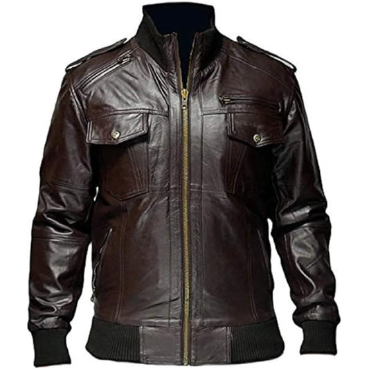 Brown leather jacket on a mannequin against a white background