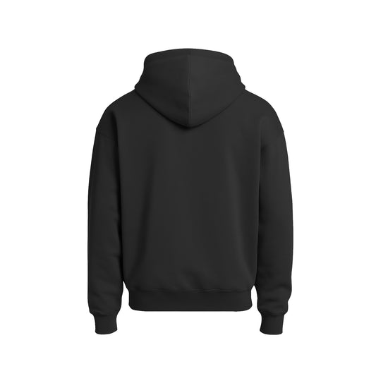 Black hoodie shown from the back on a white background