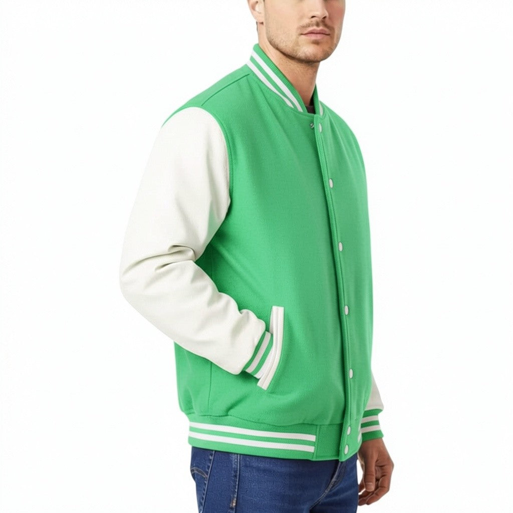 Green varsity jacket with white sleeves and trim on a white background