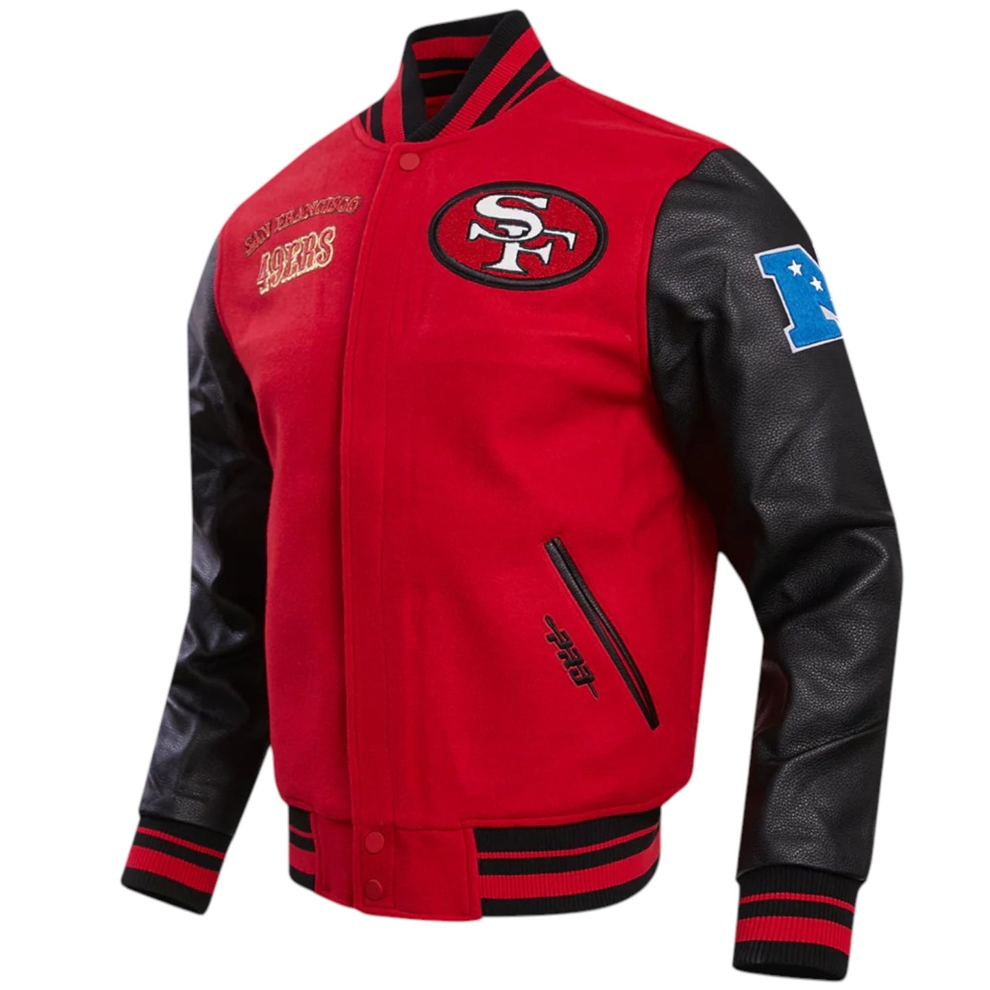 49ers Classic Wool & Leather Varsity Jacket Red Body, Black Sleeves