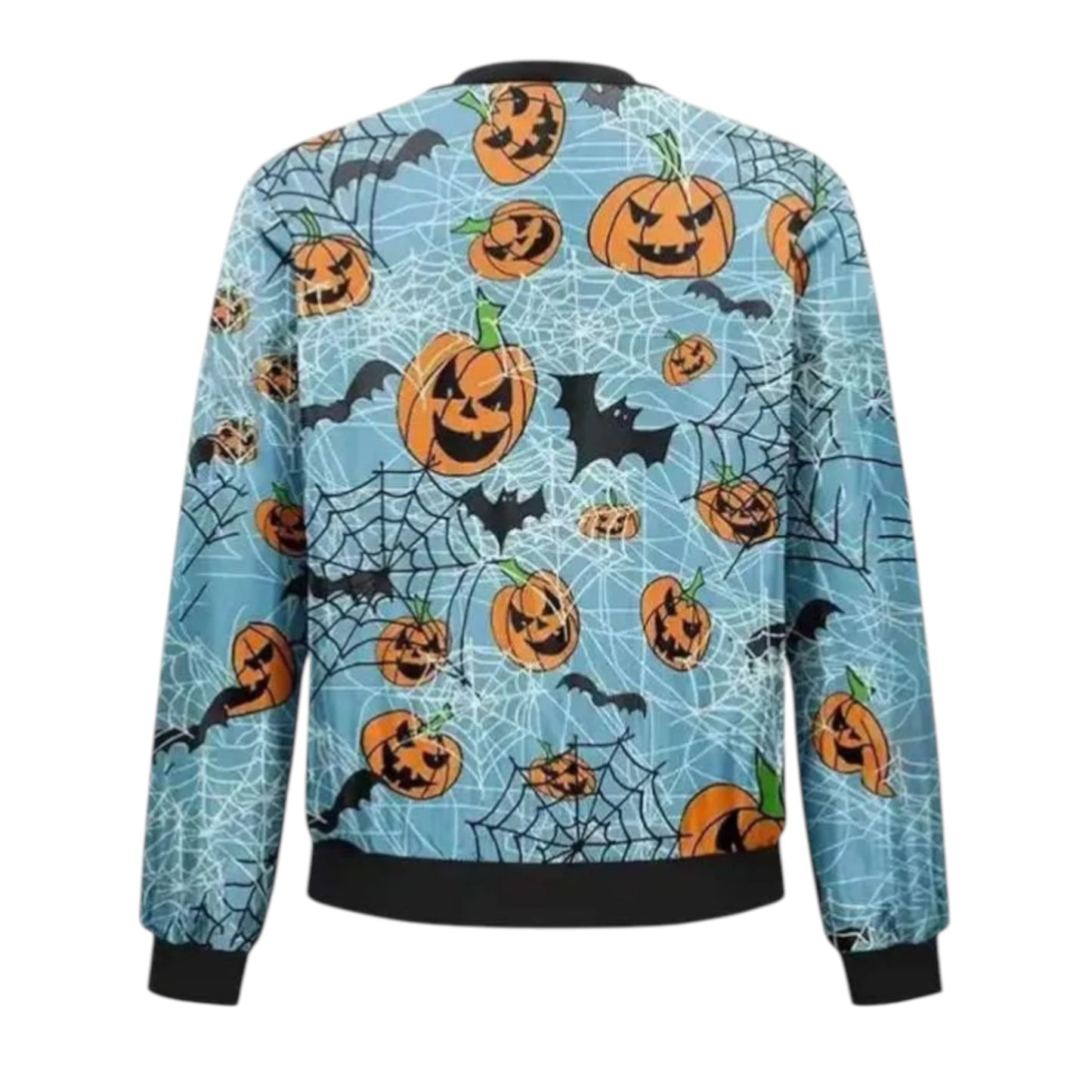 Halloween-themed sweatshirt with pumpkins, bats, and spider webs on a blue background
