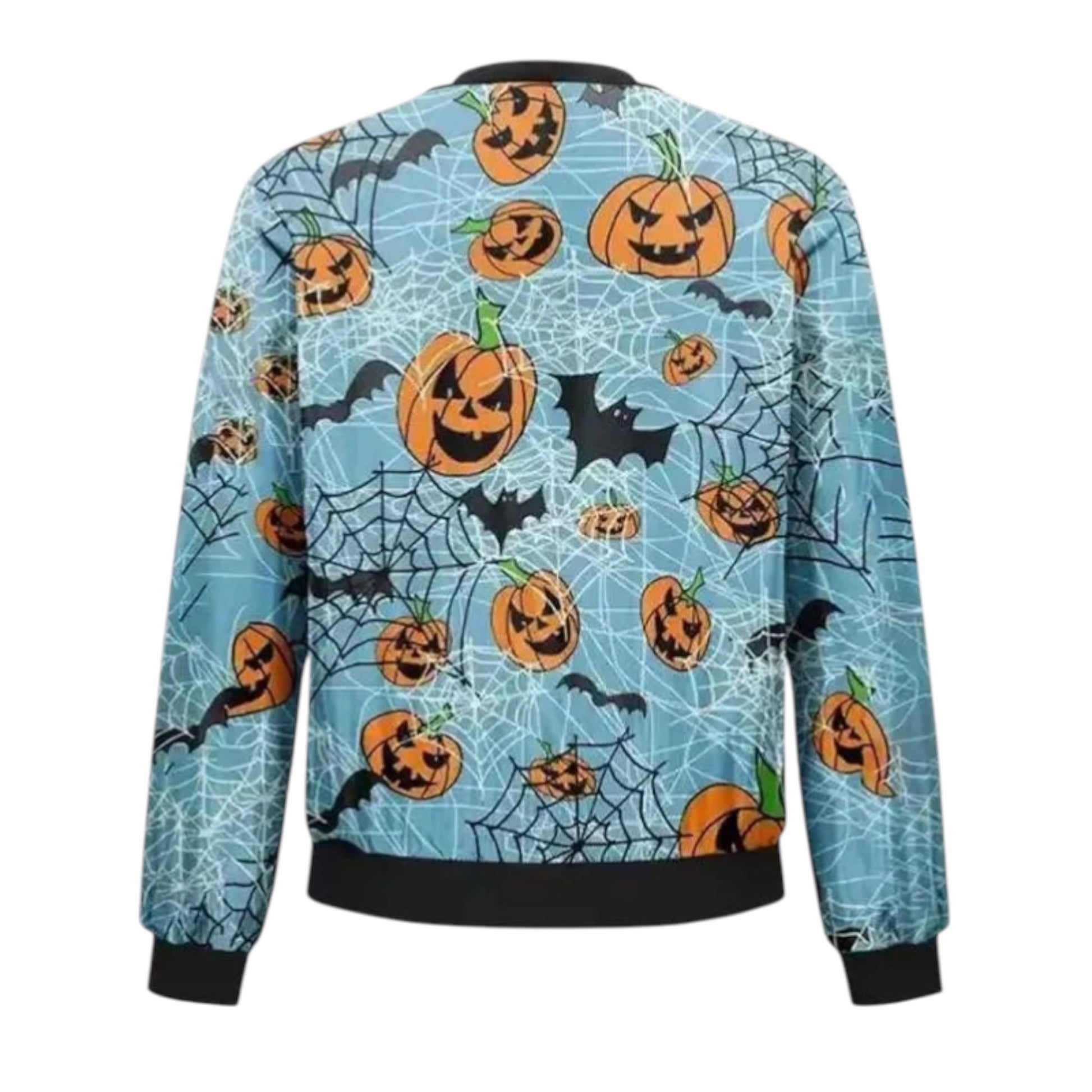 Halloween-themed sweatshirt with pumpkins, bats, and spider webs on a blue background