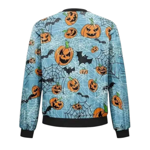 Halloween-themed sweatshirt with pumpkins, bats, and spider webs on a blue background