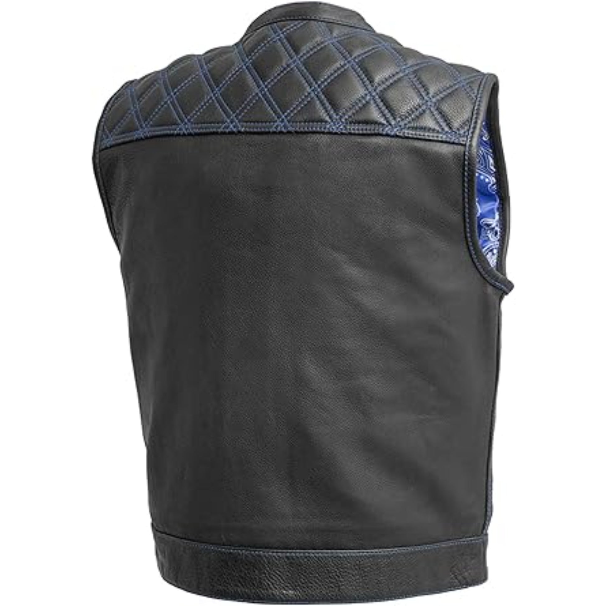 Black leather vest with quilted blue back panel on a white background