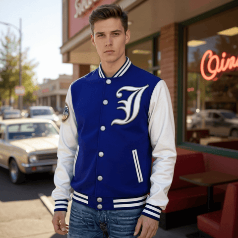 Classic Lettermen Bomber Varsity Jacket Blue Wool Leather