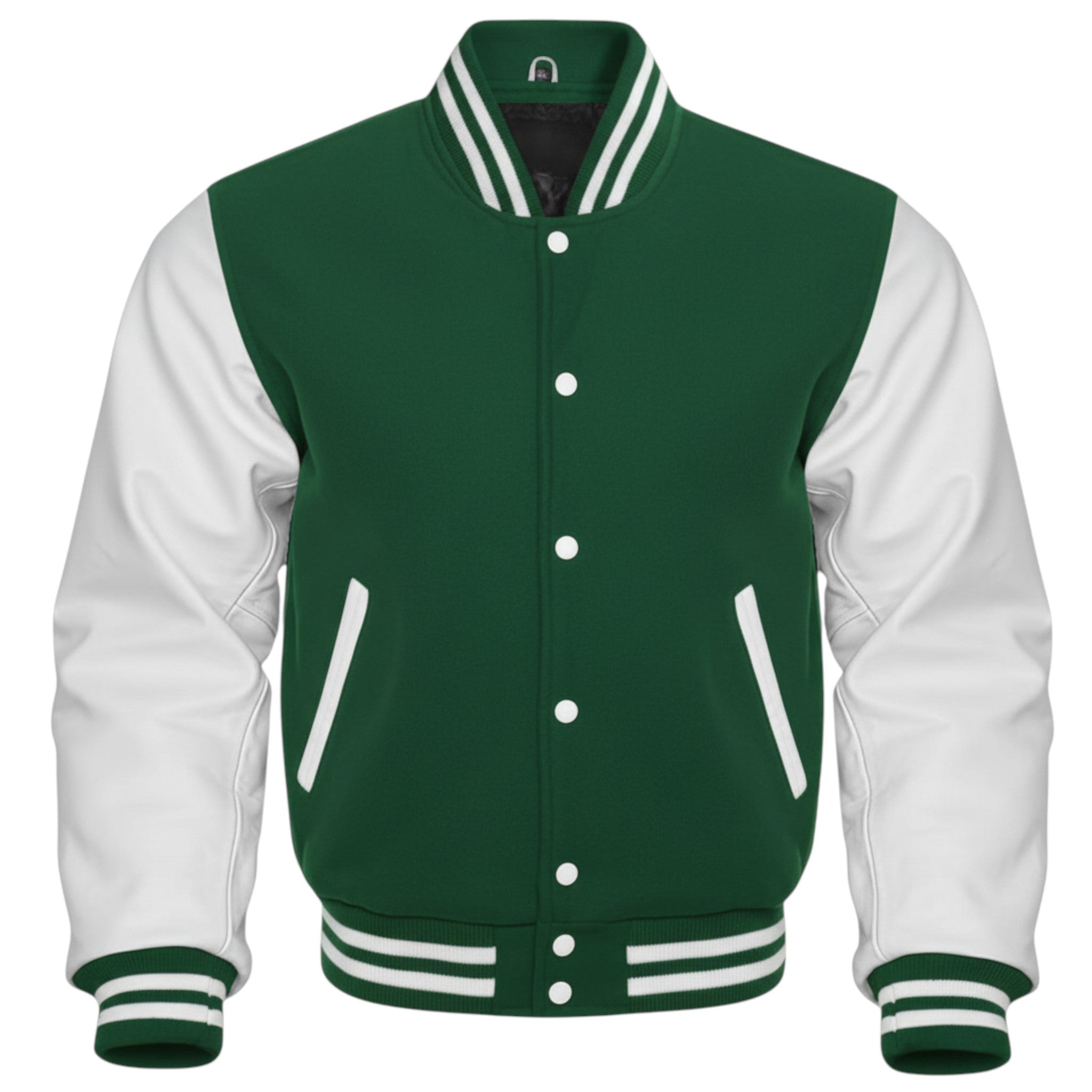 Green and white varsity jacket on a white background