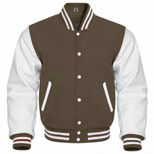 Brown and white varsity jacket on a white background