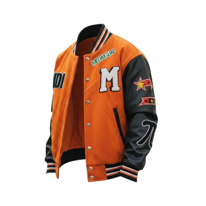 Orange and black varsity jacket with letter 'M' and star design on a white background