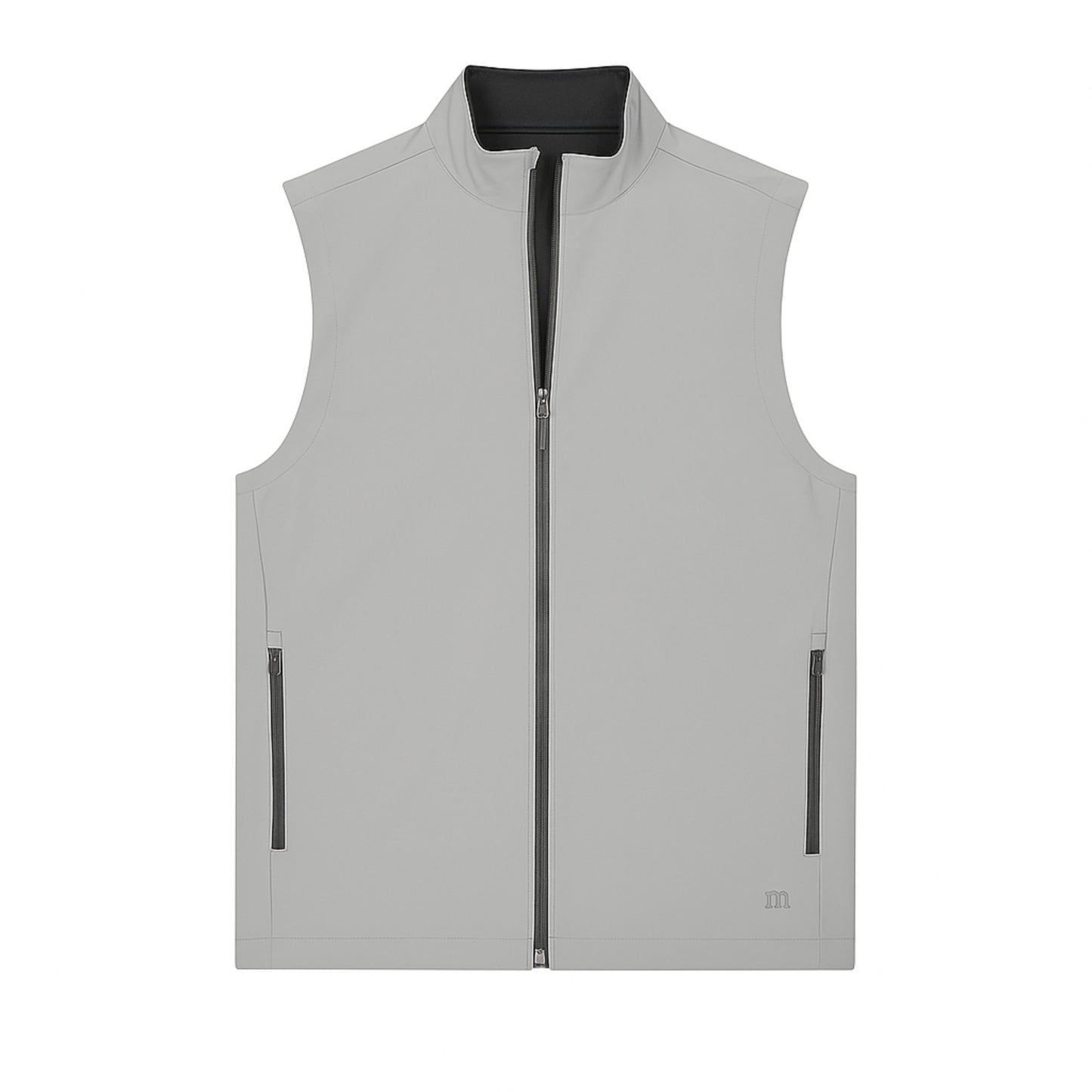 Gray vest with black zipper and accents on a white background
