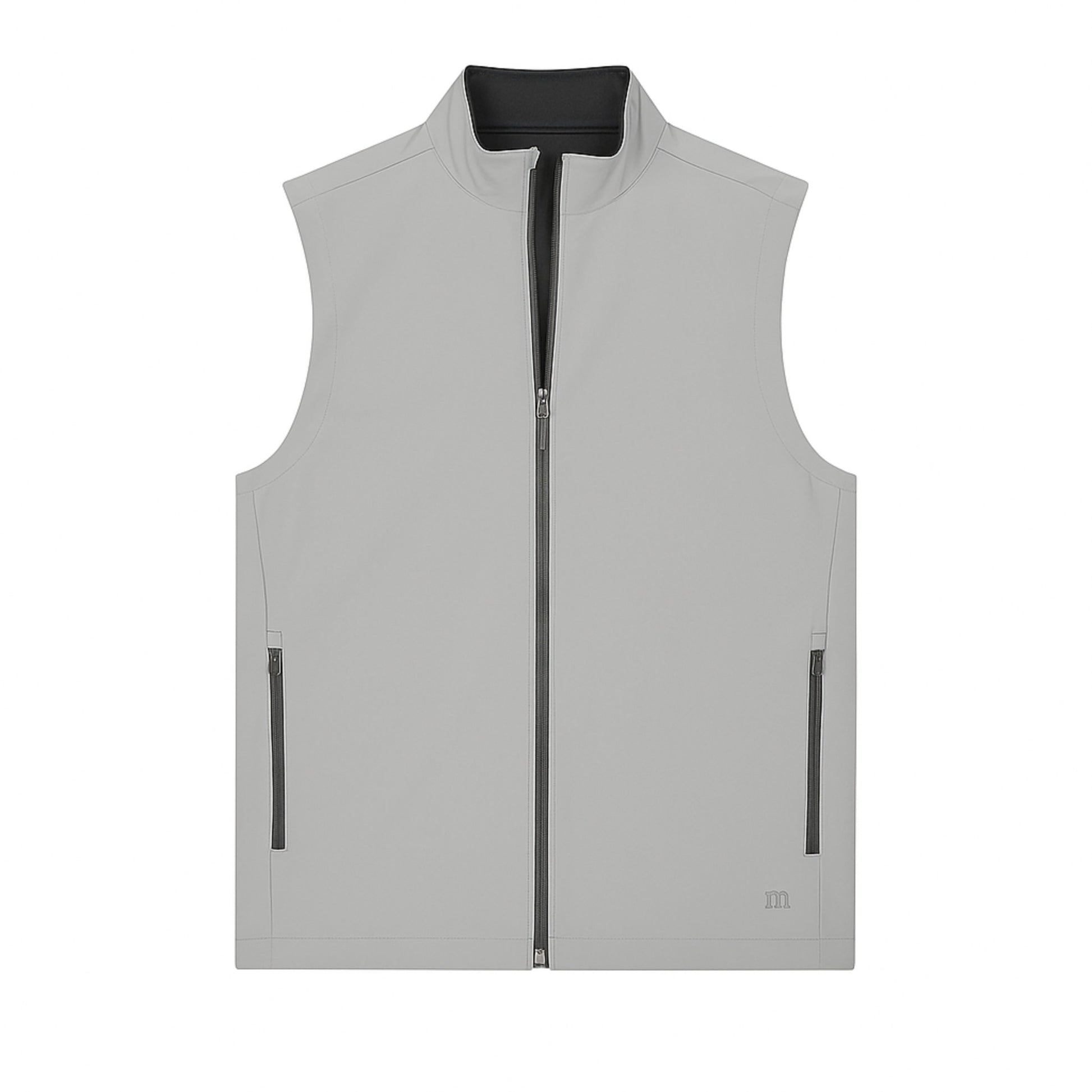 Gray vest with black zipper and accents on a white background