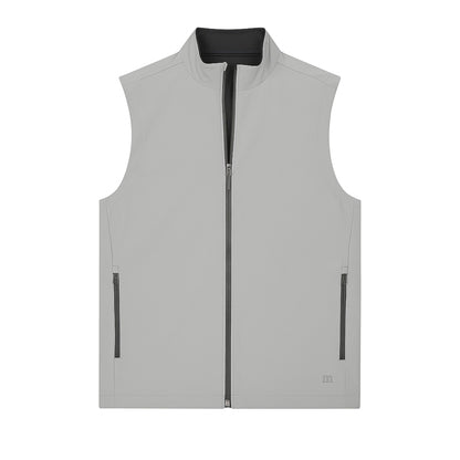 Gray vest with black zipper and accents on a white background