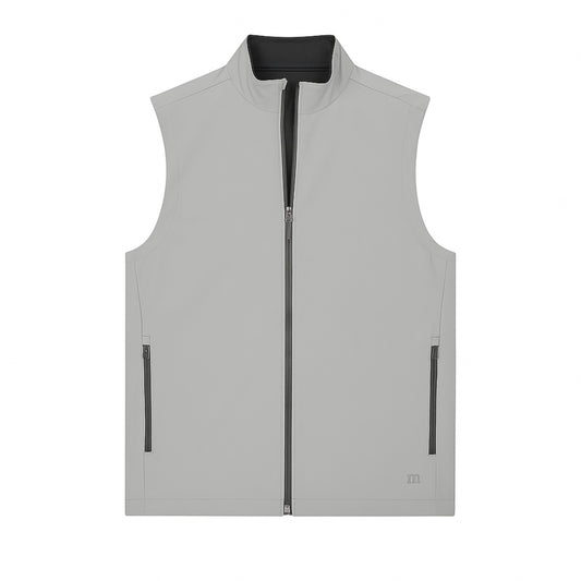 Gray vest with black zipper and accents on a white background