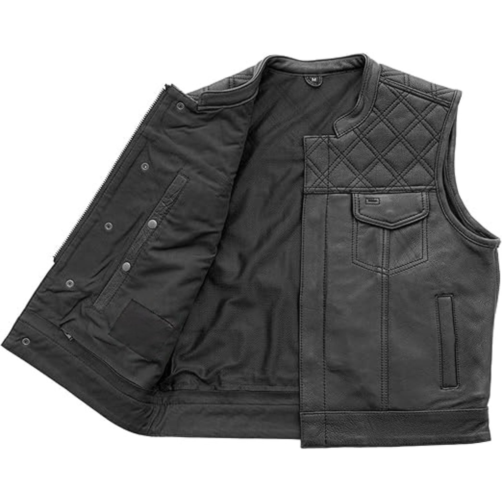 Black quilted vest on a white background