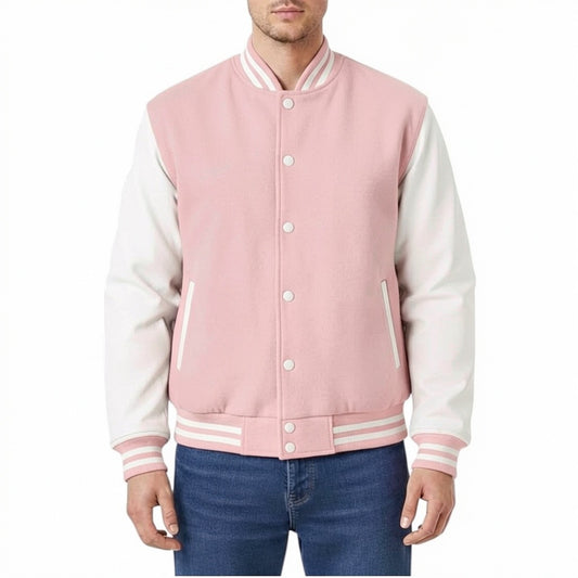 Pink and white varsity jacket worn by a person on a white background
