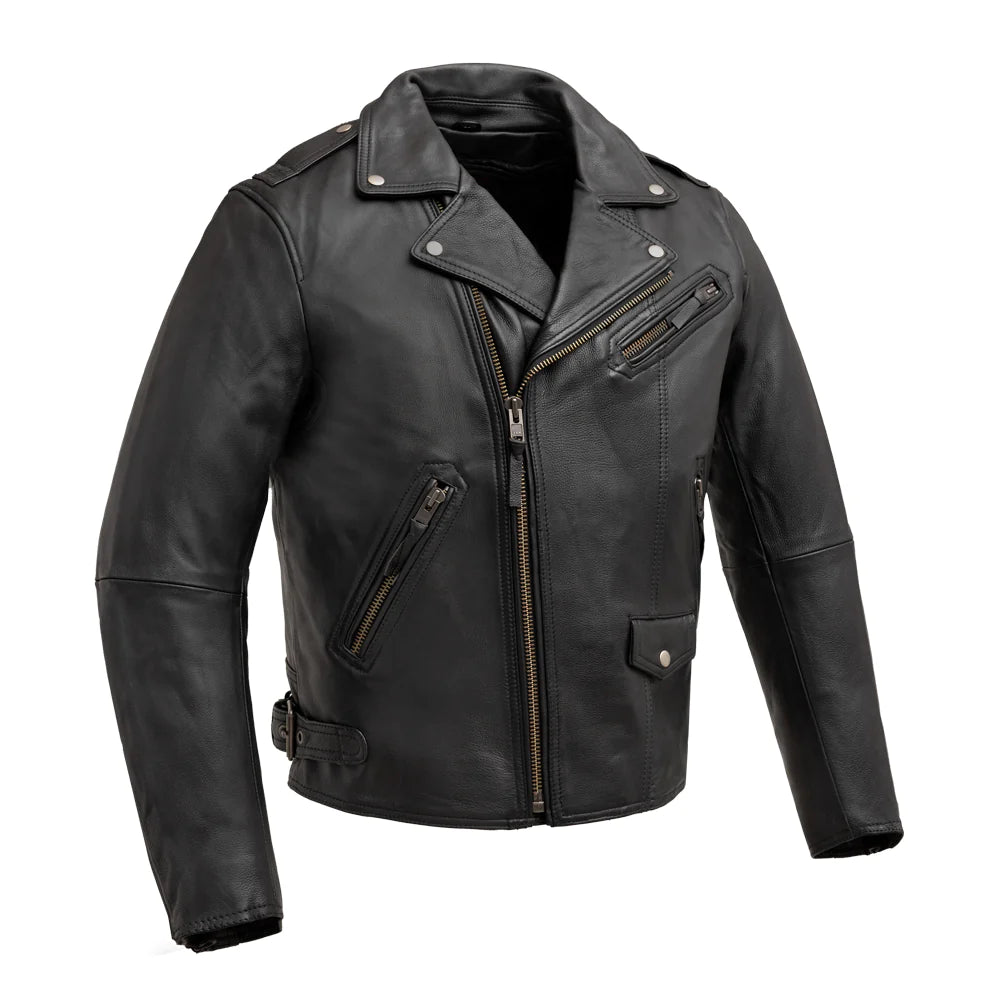 Black leather jacket with zippers on a white background