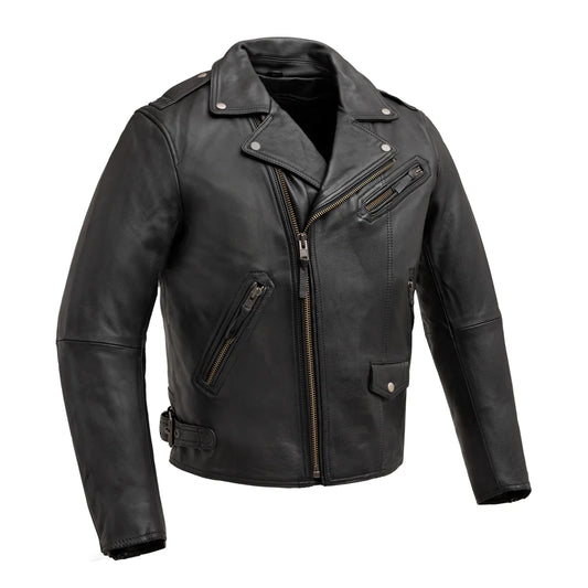 Black leather jacket with zippers on a white background