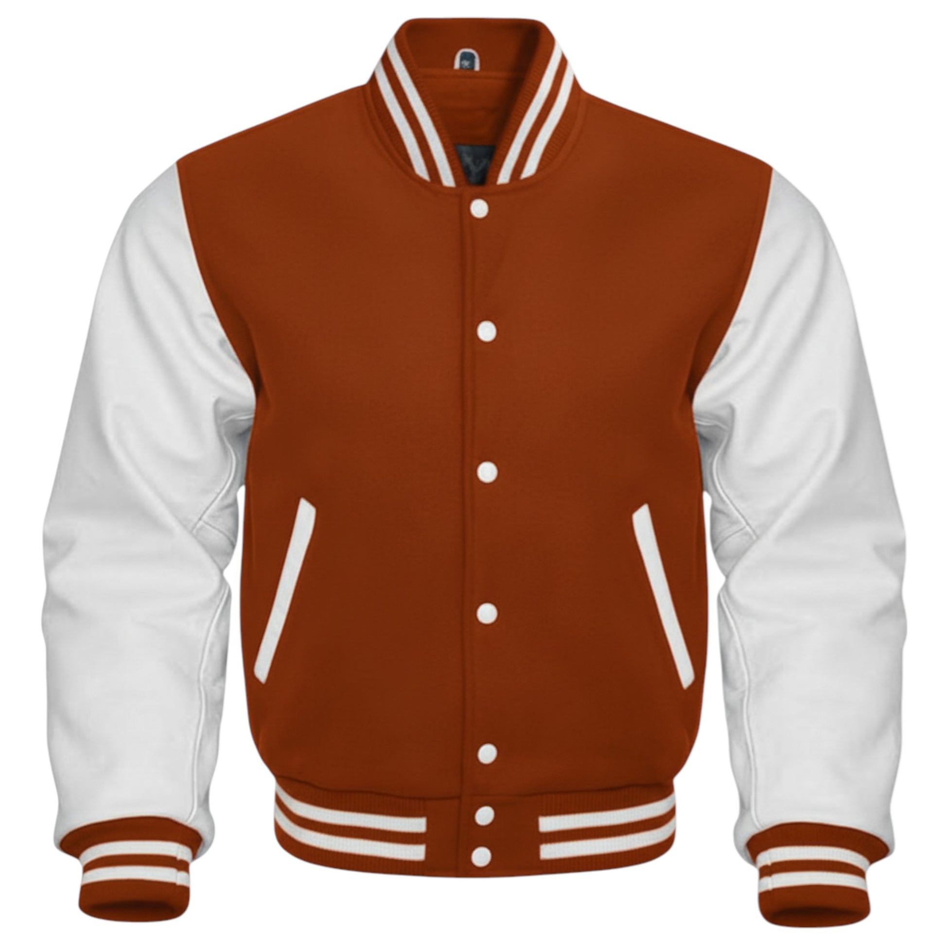 Brown and white varsity jacket on a white background