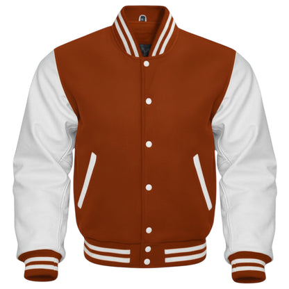 Brown and white varsity jacket on a white background