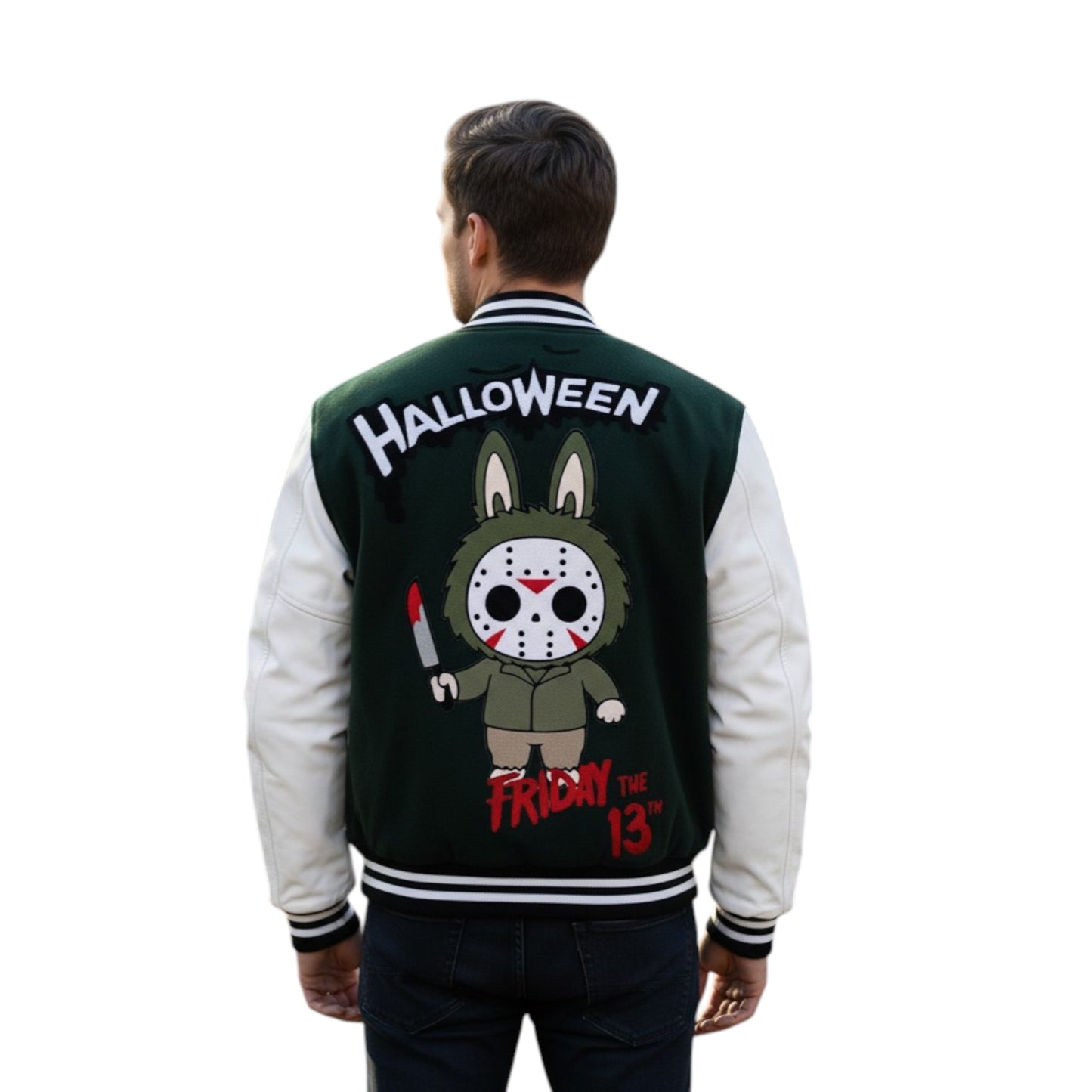Person wearing a green and white Halloween-themed jacket with cartoon character design.
