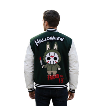 Person wearing a green and white Halloween-themed jacket with cartoon character design.