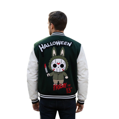 Person wearing a green and white Halloween-themed jacket with cartoon character design.