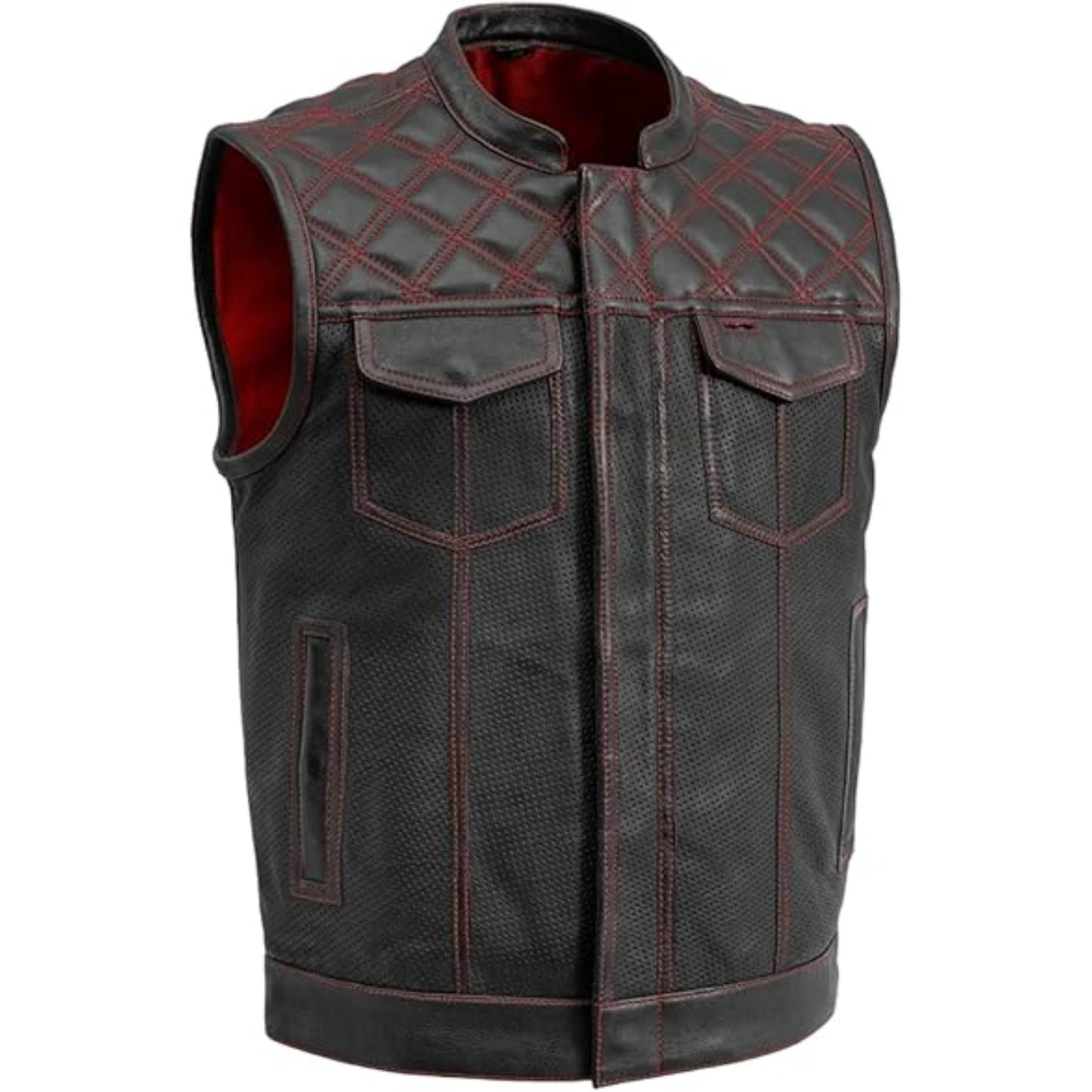 Black leather vest with red stitching on a white background