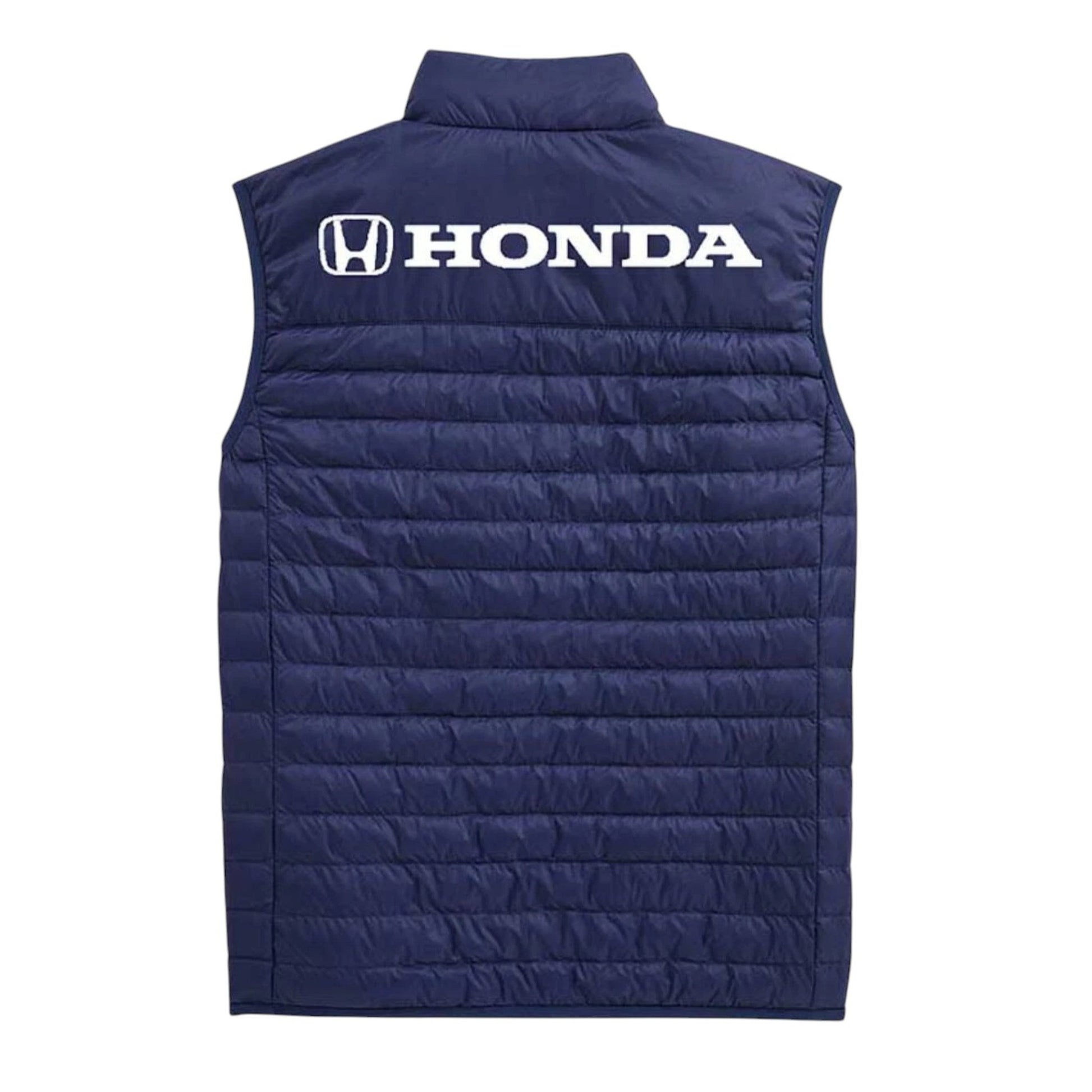 Navy blue puffer vest with Honda logo on a white background