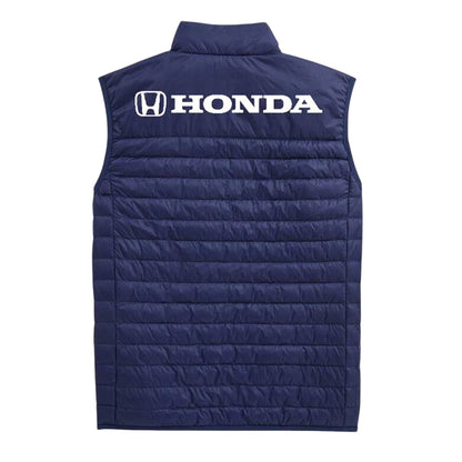 Navy blue puffer vest with Honda logo on a white background