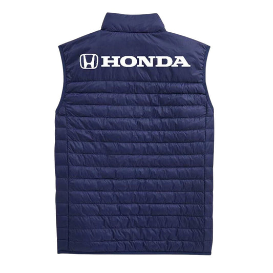 Navy blue puffer vest with Honda logo on a white background