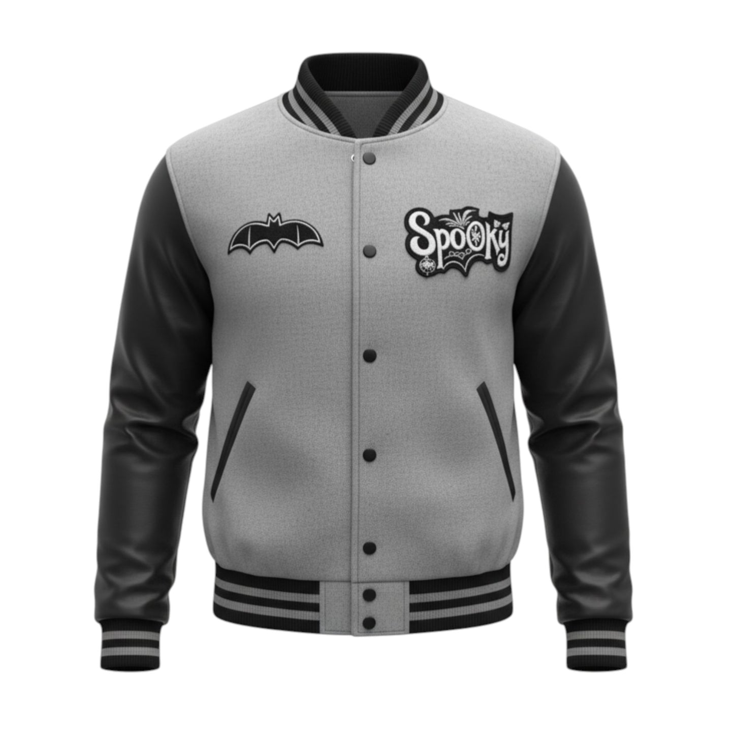 Gray and black varsity jacket with a bat logo and 'Spooky' text on a white background