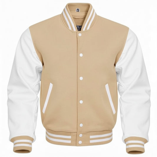 Beige and white varsity jacket on a white background