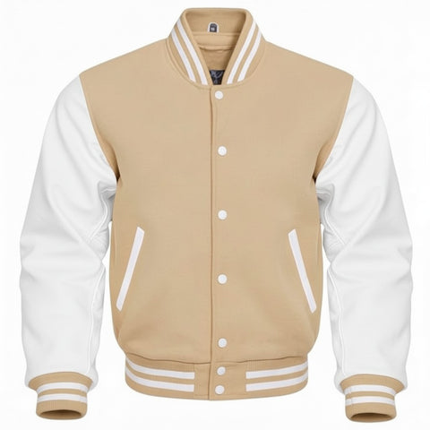 Beige and white varsity jacket on a white background